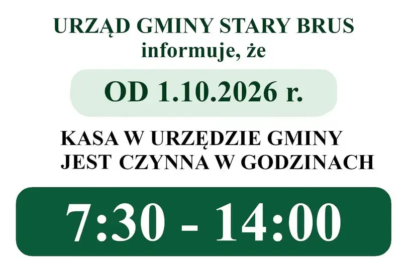 Zmiana godzin pracy kasy w Urzędzie Gminy Stary Brus