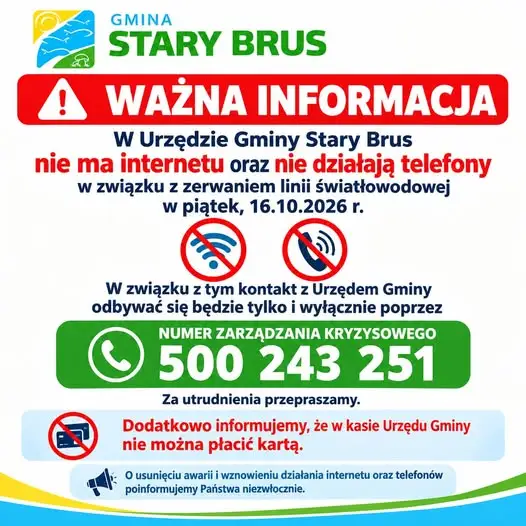 Awaria w Urzędzie Gminy Stary Brus: brak internetu i telefonów