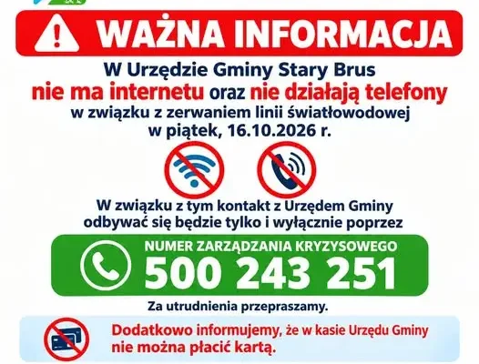 Awaria w Urzędzie Gminy Stary Brus: brak internetu i telefonów po zerwaniu światłowodu
