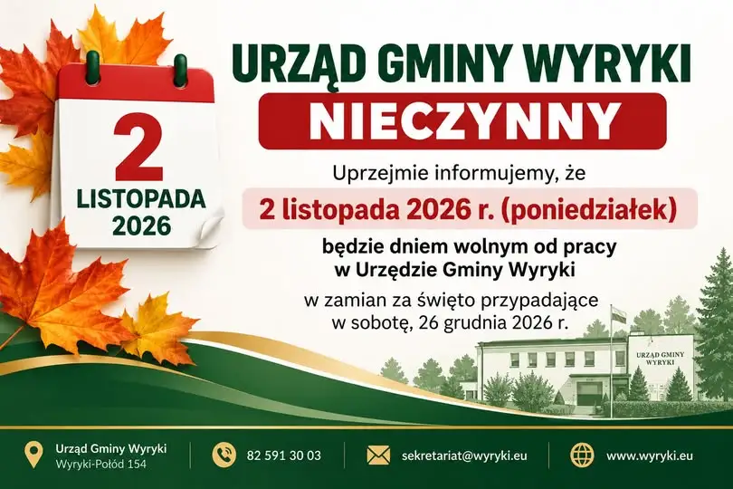Urząd Gminy Wyryki nieczynny 2 listopada 2026 – dzień wolny za święto w sobotę